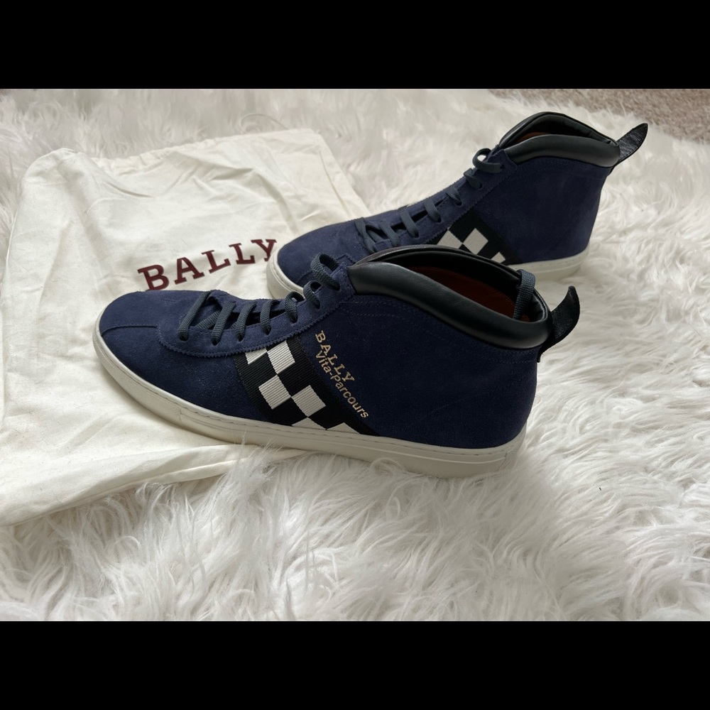 Bally high top blue suede racing style sneakers.